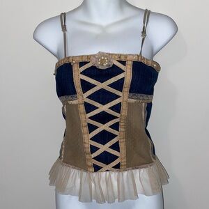 Vintage navy and beige princess Corset Top with Tulle Trim